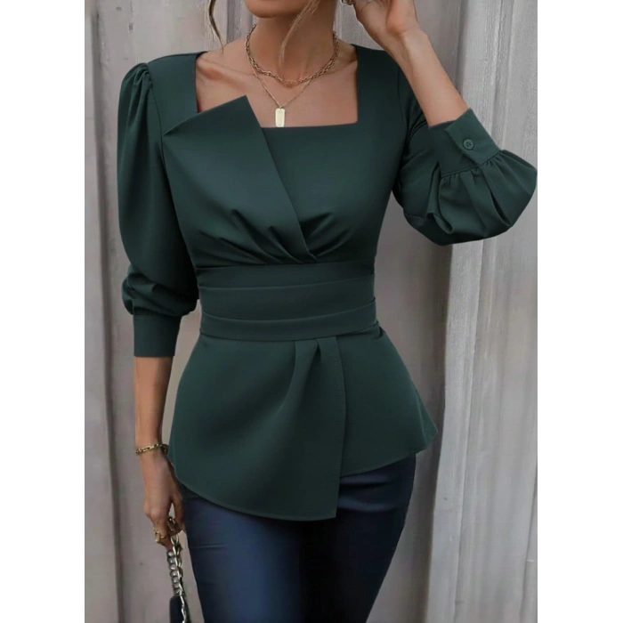 Kadın Uzun Kollu Geometrik Yakalı Belden Oturmalı Ithal Krep Bluz