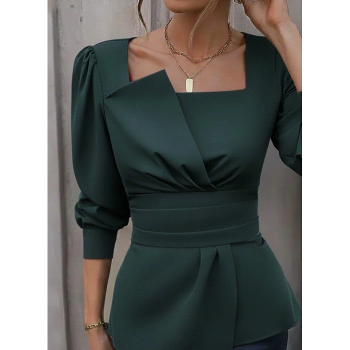 Kadın Uzun Kollu Geometrik Yakalı Belden Oturmalı Ithal Krep Bluz