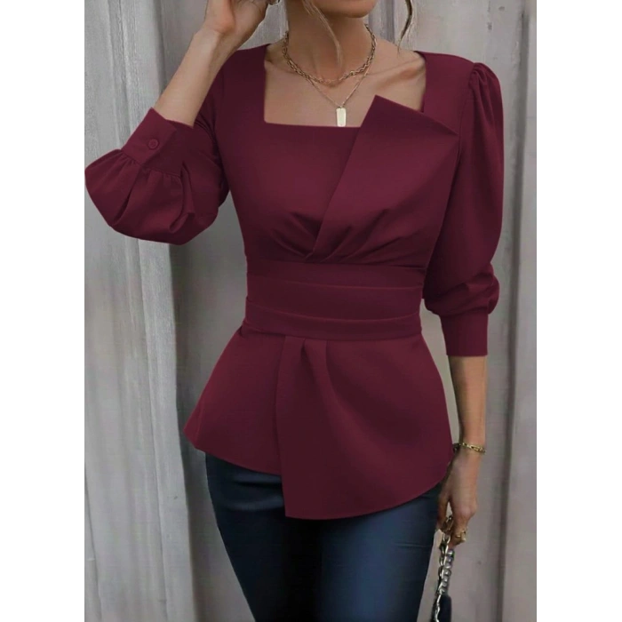 Kadın Uzun Kollu Geometrik Yakalı Belden Oturmalı Ithal Krep Bluz