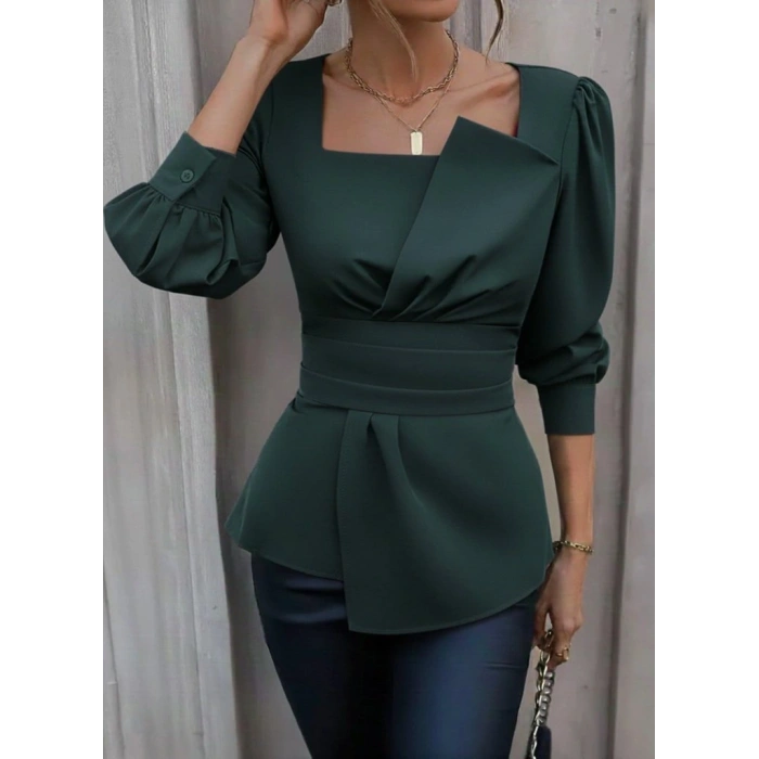 Kadın Uzun Kollu Geometrik Yakalı Belden Oturmalı Ithal Krep Bluz