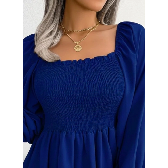 Kadın Uzun Kollu Geometrik Yakalı Gipe Detaylı Krep Bluz