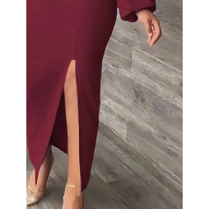 Kadın Uzun Kollu Geometrik Yakalı Yandan Yırtmaçlı Uzun Janjan Krep Elbise