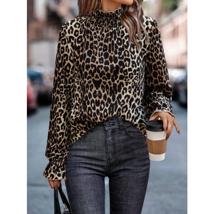 Kadın Uzun Kollu Gipe Detaylı Balıkçı Yaka Leopar Desenli Süprem Bluz