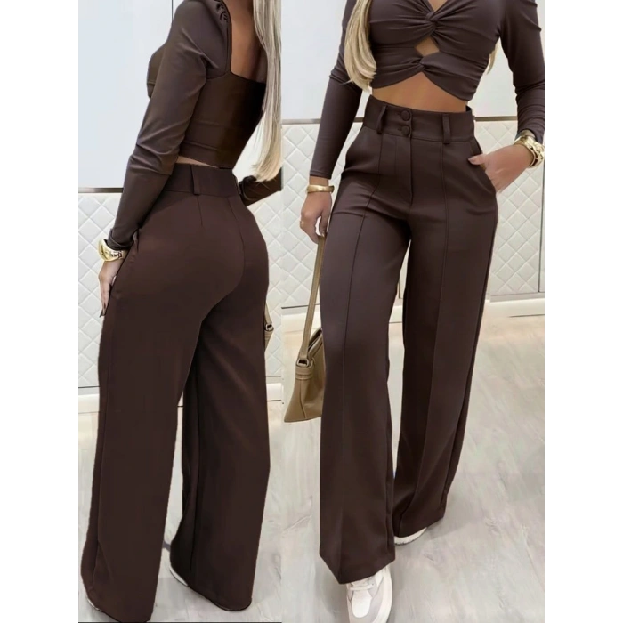 Kadın Uzun Kollu Göğüs Dekolteli Ithal Krep Bluz Ve Pantolon Ikili Takım