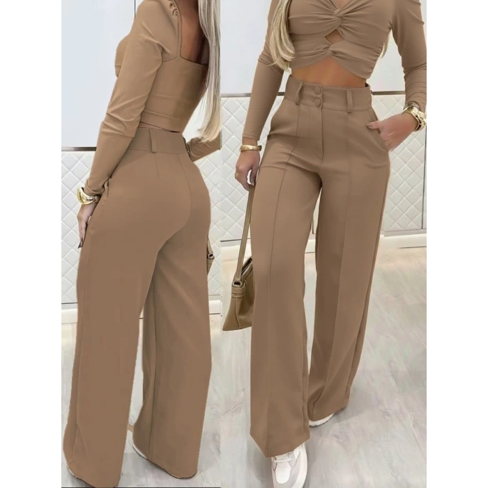 Kadın Uzun Kollu Göğüs Dekolteli Ithal Krep Bluz Ve Pantolon Ikili Takım