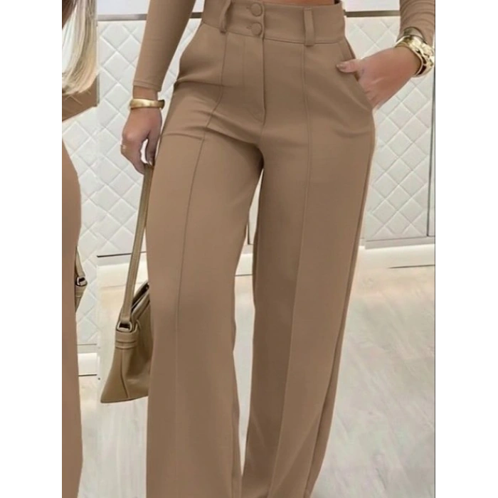 Kadın Uzun Kollu Göğüs Dekolteli Ithal Krep Bluz Ve Pantolon Ikili Takım