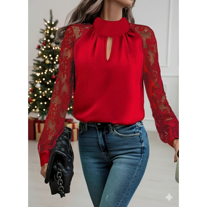 Kadın Uzun Kollu Göğüs Pencere Detay Yaka Boğazlı Kolları Tüllü Sandy Bluz