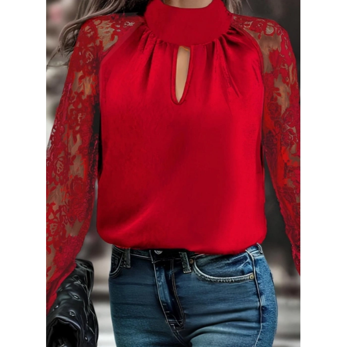 Kadın Uzun Kollu Göğüs Pencere Detay Yaka Boğazlı Kolları Tüllü Sandy Bluz