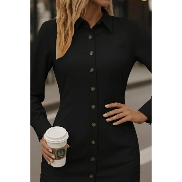Kadın Uzun Kollu Gömlek Yaka önden Düğmeli Yanlardan Büzgülü Kısa Aerobin Elbise