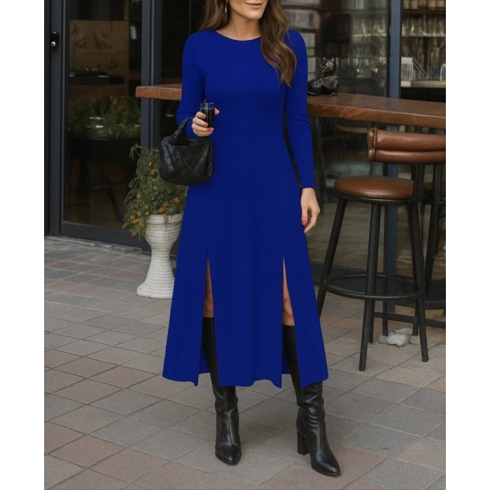 Kadın Uzun Kollu Hafif Kayık Yaka Sırt Dekolteli Yırtmaç Detaylı Viskon Tam Boy Elbise