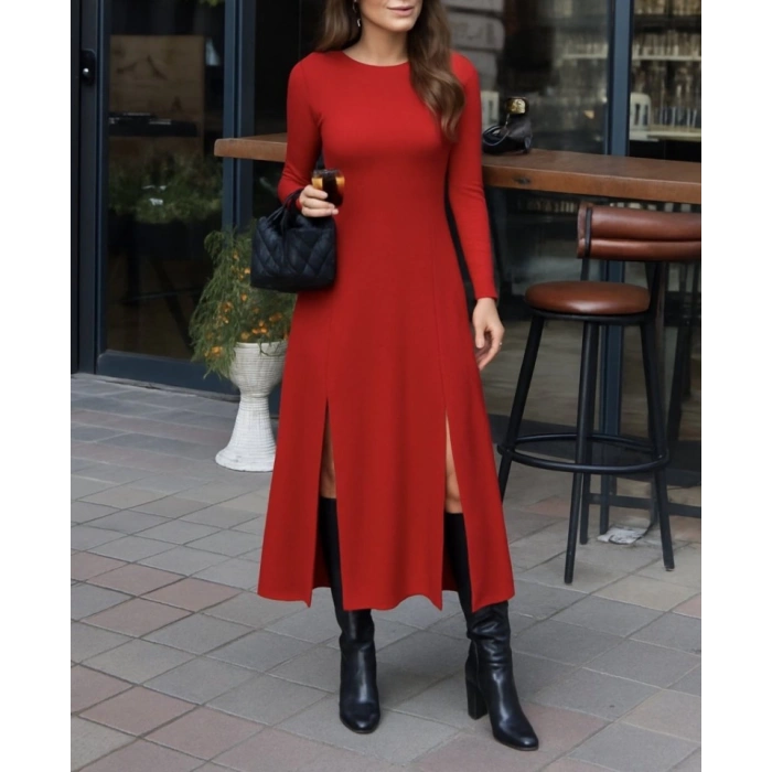 Kadın Uzun Kollu Hafif Kayık Yaka Sırt Dekolteli Yırtmaç Detaylı Viskon Tam Boy Elbise