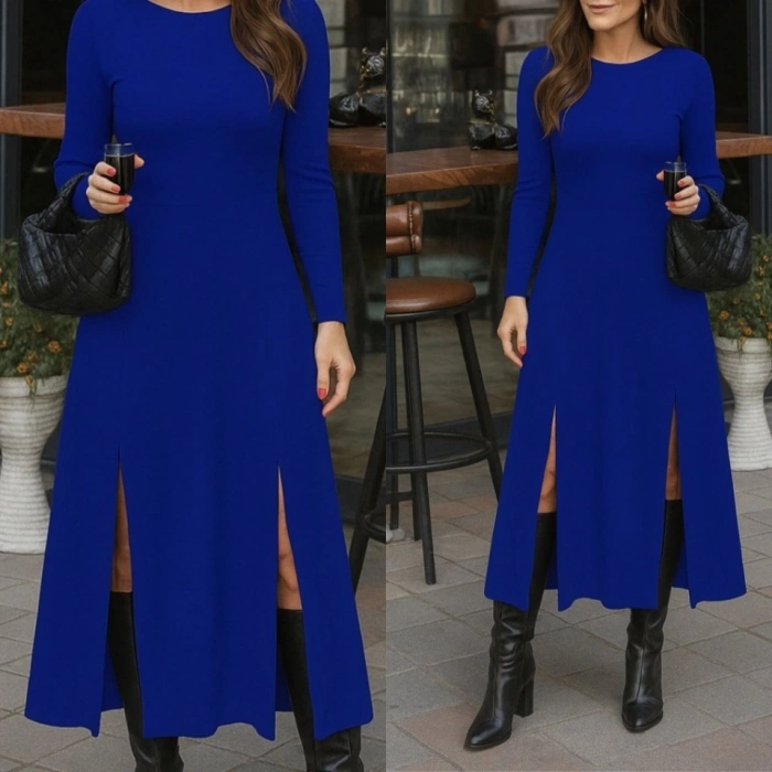 Kadın Uzun Kollu Hafif Kayık Yaka Sırt Dekolteli Yırtmaç Detaylı Viskon Tam Boy Elbise