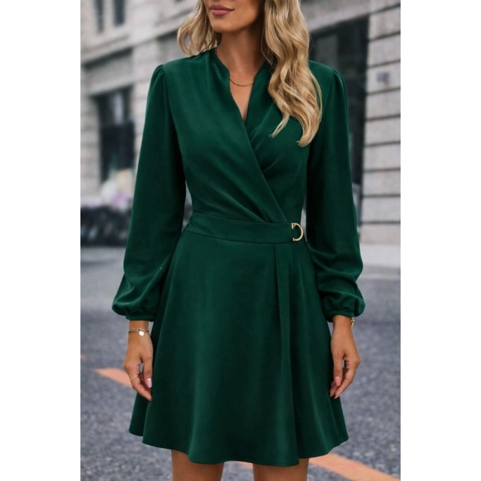 Kadın Uzun Kollu Hakim V Yakalı Yandan Toka Detaylı Ithal Mini Krep Elbise
