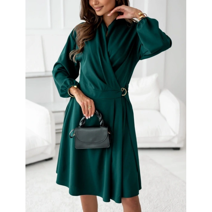 Kadın Uzun Kollu Hakim V Yakalı Yandan Toka Detaylı Ithal Mini Krep Elbise