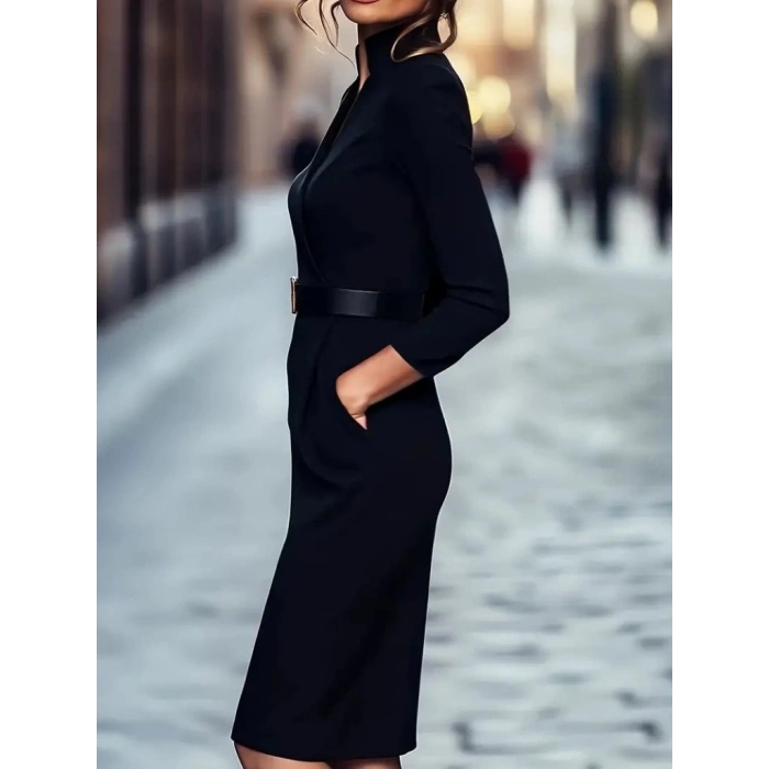 Kadın Uzun Kollu Hakim Yaka Beli Kemerli Cepli Midi Ithal Krep Elbise