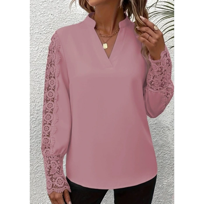 Kadın Uzun Kollu Hakim Yaka Kolları Dantel Detaylı Ithal Krep Bluz