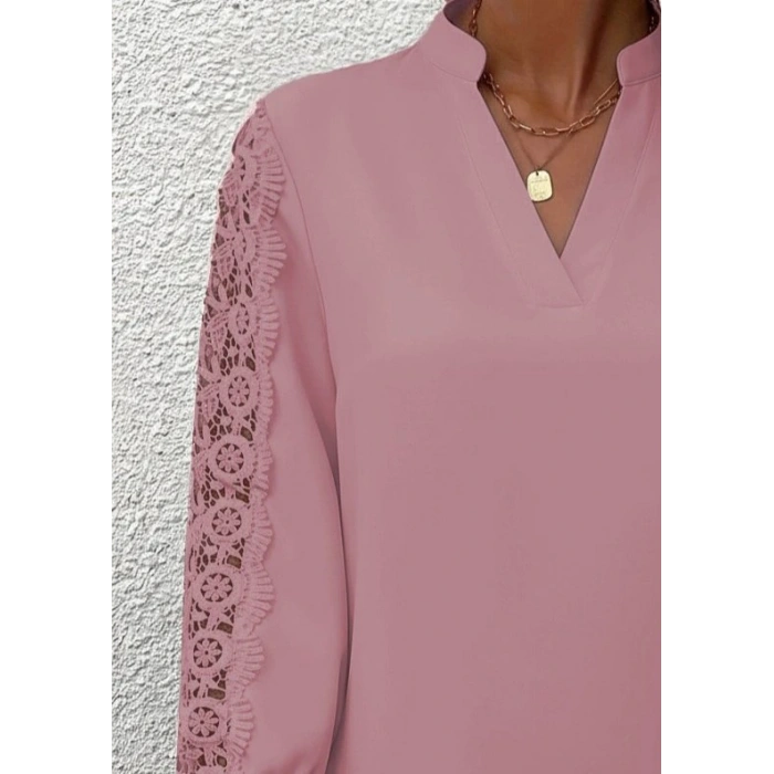 Kadın Uzun Kollu Hakim Yaka Kolları Dantel Detaylı Ithal Krep Bluz