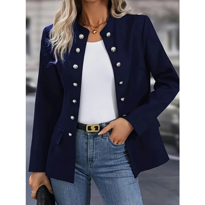 Kadın Uzun Kollu Hakim Yaka önden Düğmeli Kısa Atlas Ceket