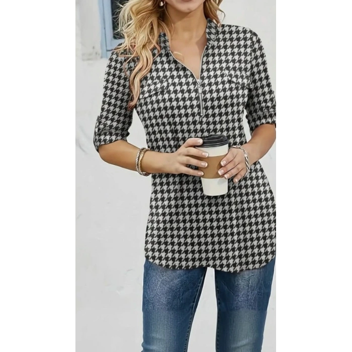 Kadın Uzun Kollu Hakim Yaka Yakadan Fermuarlı Geometrik Desenli Süprem Bluz