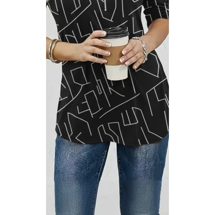Kadın Uzun Kollu Hakim Yaka Yakadan Fermuarlı Geometrik Desenli Süprem Bluz