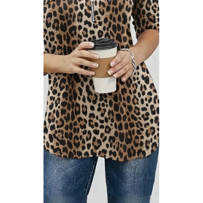 Kadın Uzun Kollu Hakim Yaka Yakadan Fermuarlı Geometrik Desenli Süprem Bluz