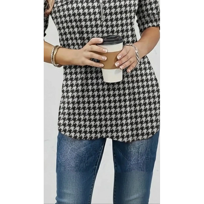 Kadın Uzun Kollu Hakim Yaka Yakadan Fermuarlı Geometrik Desenli Süprem Bluz