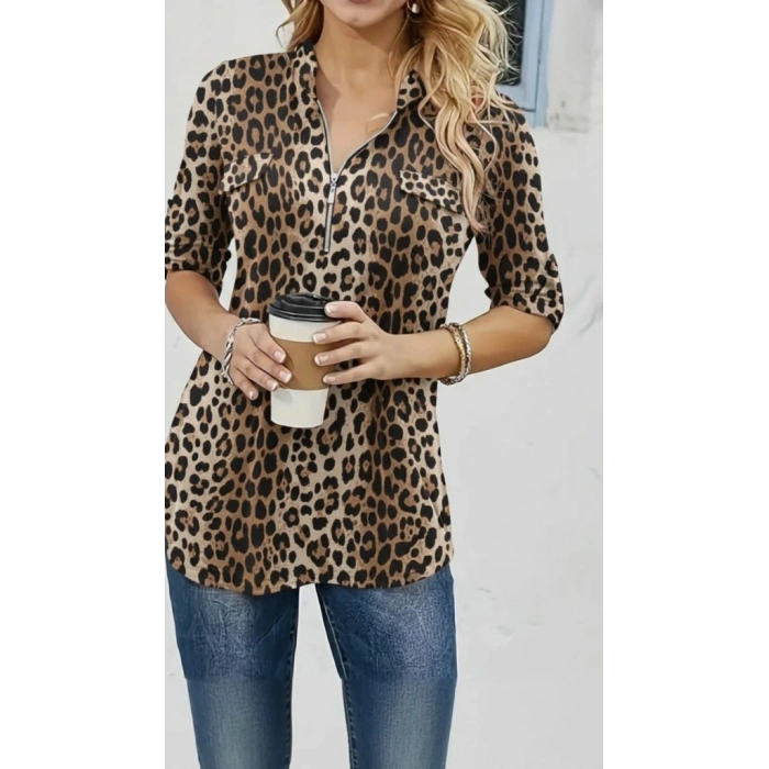 Kadın Uzun Kollu Hakim Yaka Yakadan Fermuarlı Geometrik Desenli Süprem Bluz