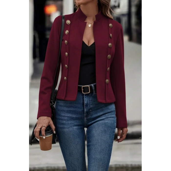Kadın Uzun Kollu Hakim Yaka Yanlardan Düğmeli Kısa Süet Ceket