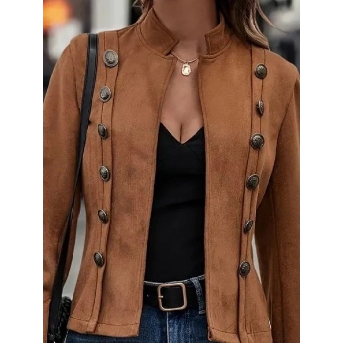 Kadın Uzun Kollu Hakim Yaka Yanlardan Düğmeli Kısa Süet Ceket