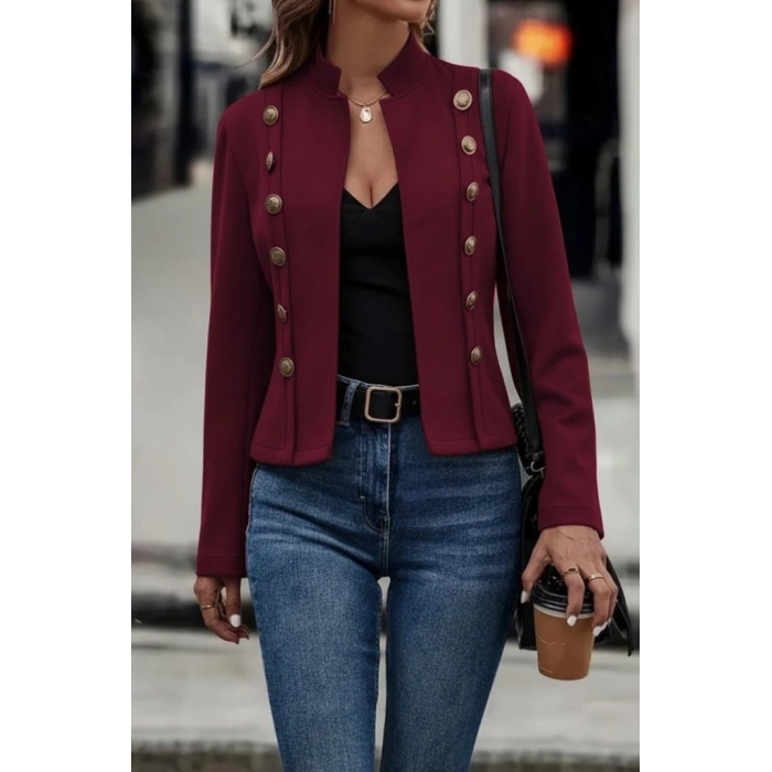 Kadın Uzun Kollu Hakim Yaka Yanlardan Düğmeli Kısa Süet Ceket