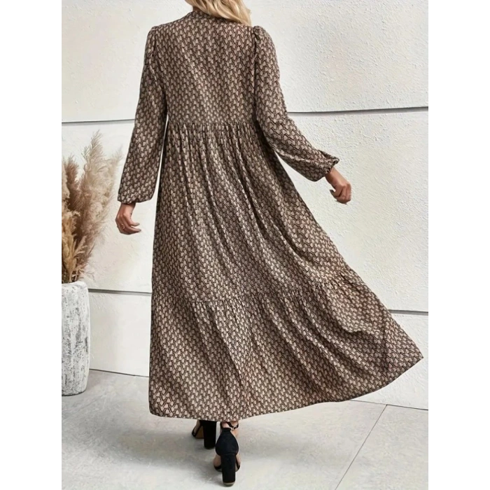Kadın Uzun Kollu Hakim Yakalı Düğmeli Kemersiz Desenli Maxi Süprem Elbise