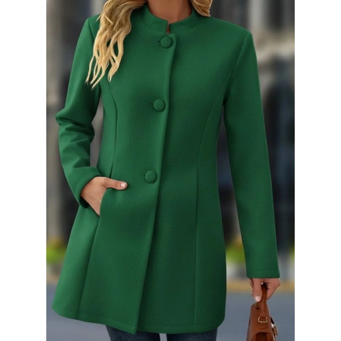 Kadın Uzun Kollu Hakim Yakalı önden Düğmeli Cep Detaylı Kısa Taba Kaşe Kaban