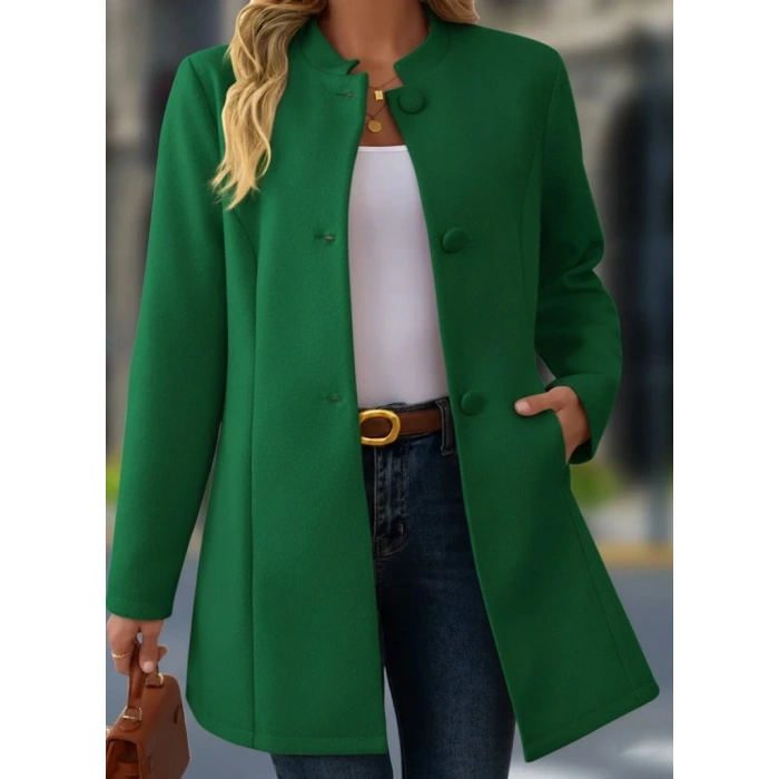 Kadın Uzun Kollu Hakim Yakalı önden Düğmeli Cep Detaylı Kısa Taba Kaşe Kaban