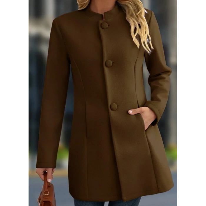 Kadın Uzun Kollu Hakim Yakalı önden Düğmeli Cep Detaylı Kısa Taba Kaşe Kaban