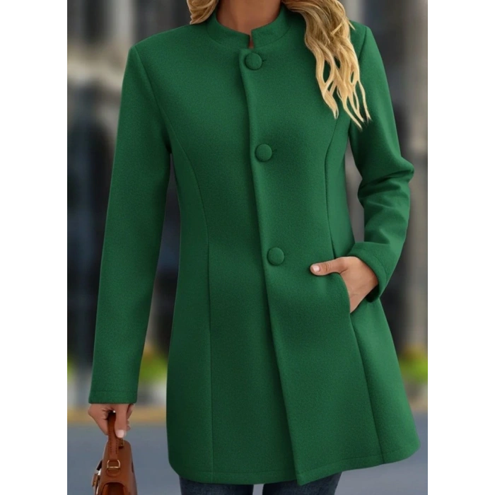 Kadın Uzun Kollu Hakim Yakalı önden Düğmeli Cep Detaylı Kısa Taba Kaşe Kaban