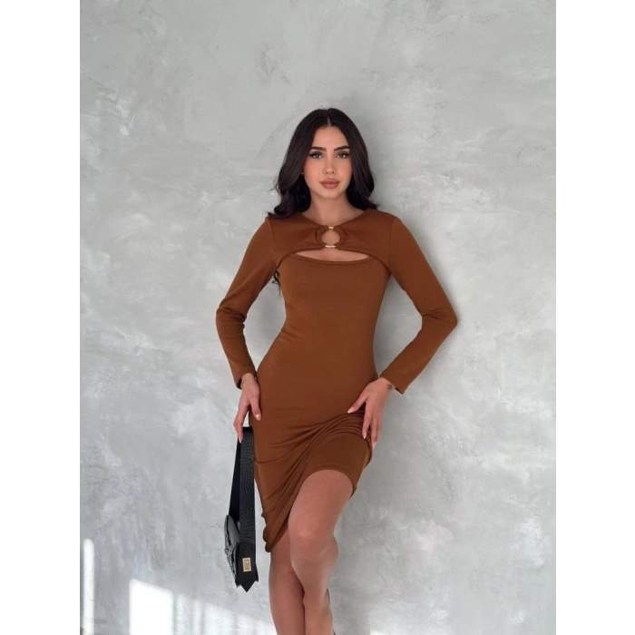Kadın Uzun Kollu Halka Ve Pencere Dekolte Detay Fırsat ürün Midi Boy Elbise