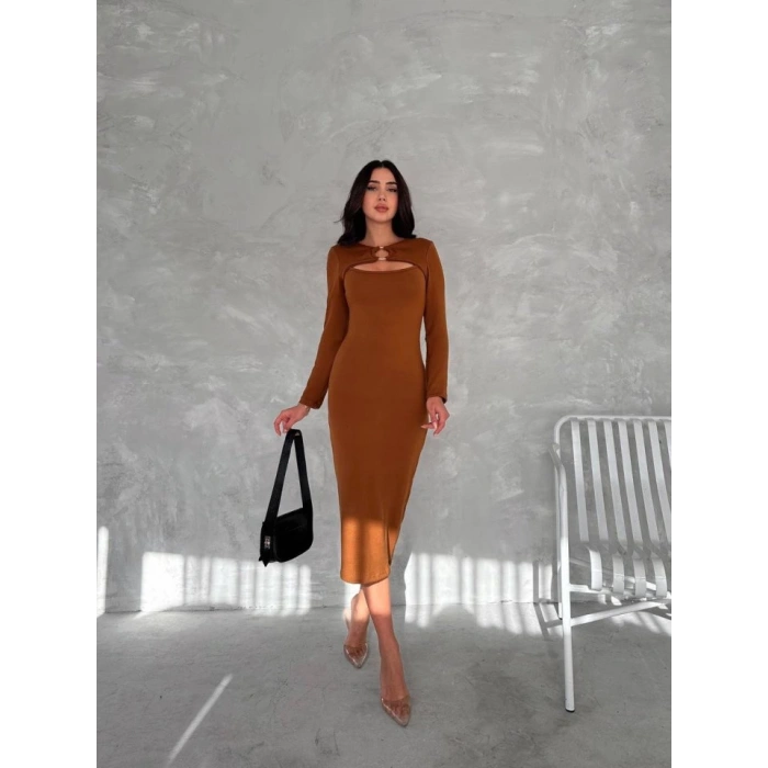Kadın Uzun Kollu Halka Ve Pencere Dekolte Detay Fırsat ürün Midi Boy Elbise