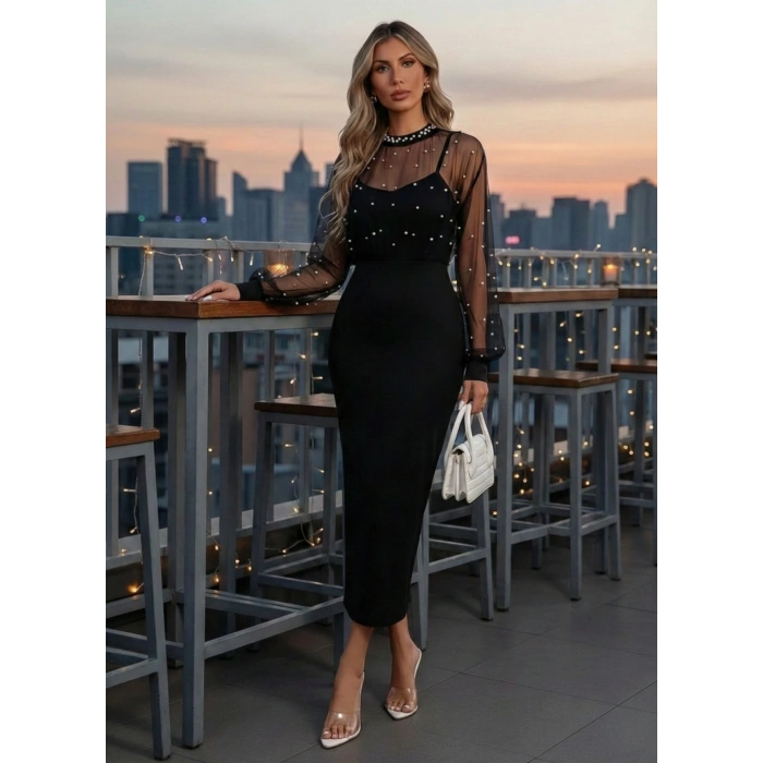 Kadın Uzun Kollu Halka Yaka Tül Inci Detaylı Uzun Ithal Krep Elbise