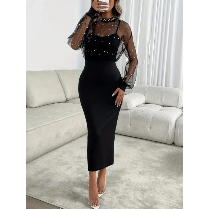 Kadın Uzun Kollu Halka Yaka Tül Inci Detaylı Uzun Ithal Krep Elbise