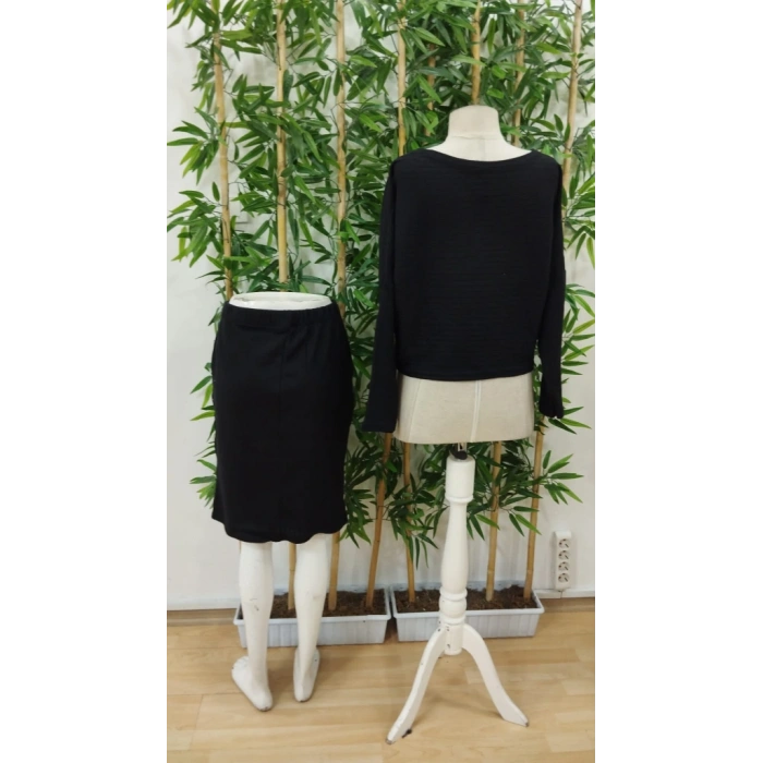 Kadın Uzun Kollu Iki Yanı Açık Yaka Detaylı Bluz Ve Etek şardonlu Kaşkorse Ikili Takım