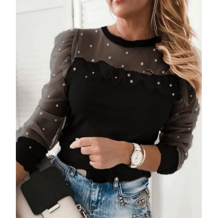 Kadın Uzun Kollu Inci Detaylı Tüllü Viskon Bluz