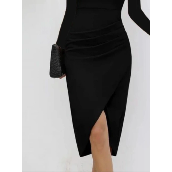 Kadın Uzun Kollu Kalp Yaka önden çapraz Detaylı Midi Ithal Krep Elbise