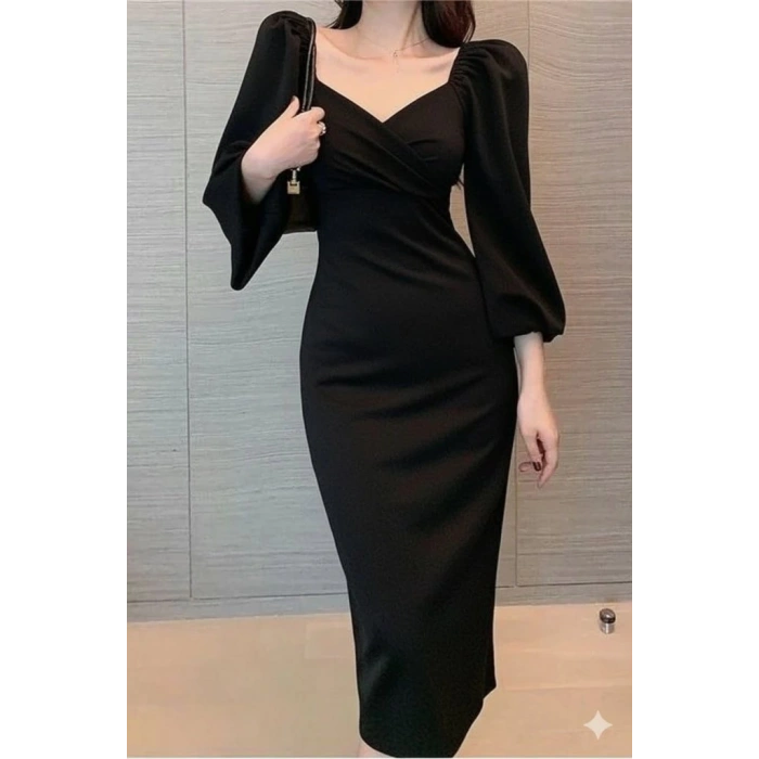 Kadın Uzun Kollu Kalp Yakalı Midi Ithal Krep Elbise