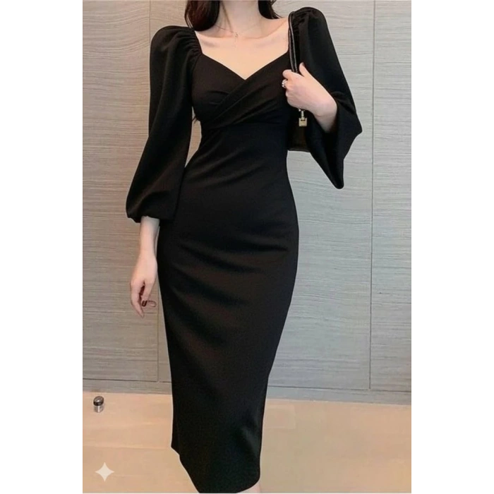 Kadın Uzun Kollu Kalp Yakalı Midi Ithal Krep Elbise