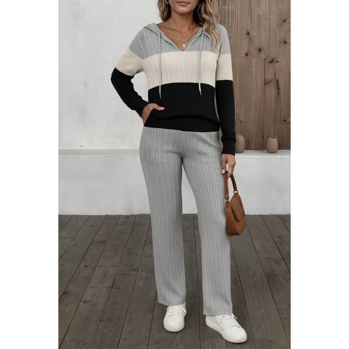 Kadın Uzun Kollu Kapşonlu Bağcıklı Blok Renkli şardonlu Kaşkorse Bluz Ve Pantolon Ikili Takım