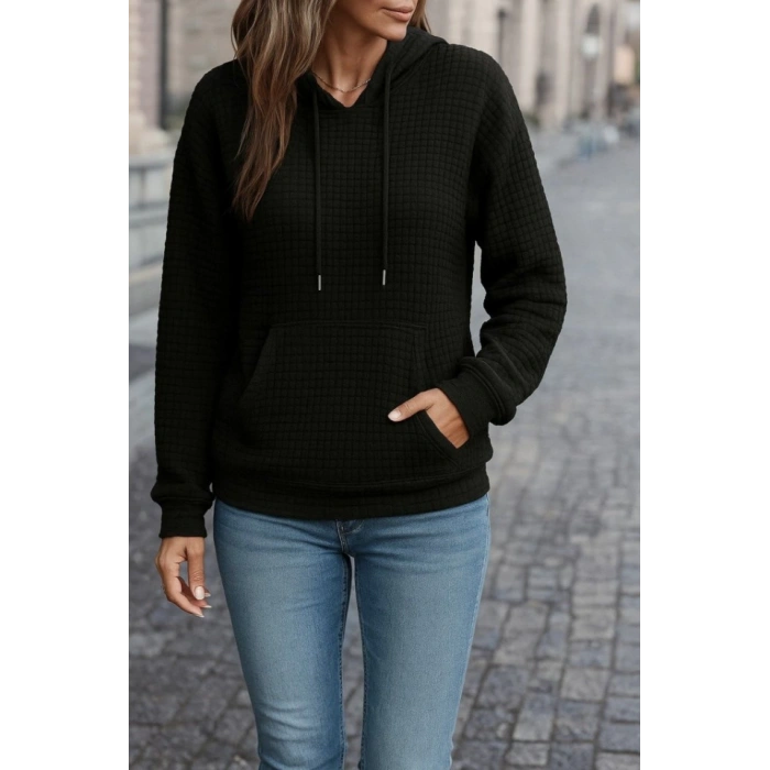 Kadın Uzun Kollu Kapşonlu Bağcıklı Cepli Capitone Sweatshirt