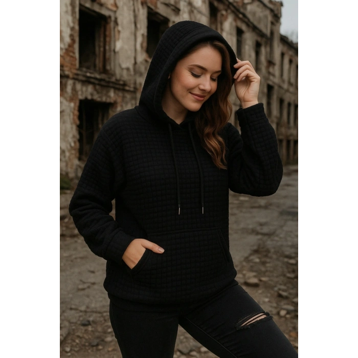 Kadın Uzun Kollu Kapşonlu Bağcıklı Cepli Capitone Sweatshirt