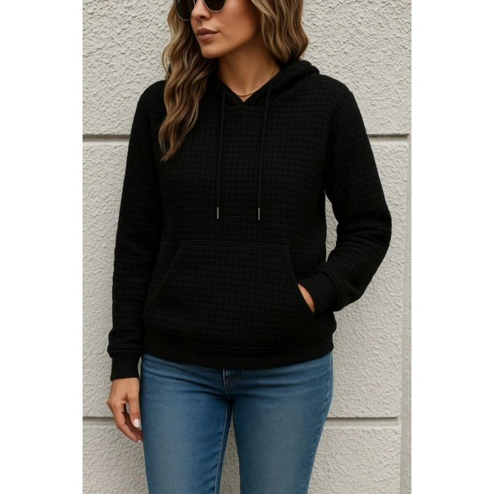 Kadın Uzun Kollu Kapşonlu Bağcıklı Cepli Capitone Sweatshirt