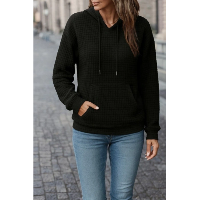 Kadın Uzun Kollu Kapşonlu Bağcıklı Cepli Capitone Sweatshirt