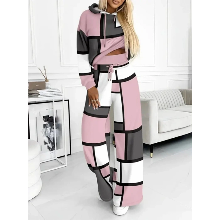 Kadın Uzun Kollu Kapşonlu Bağcıklı Desenli Iki Iplik Bluz Ve Pantolon Ikili Takım